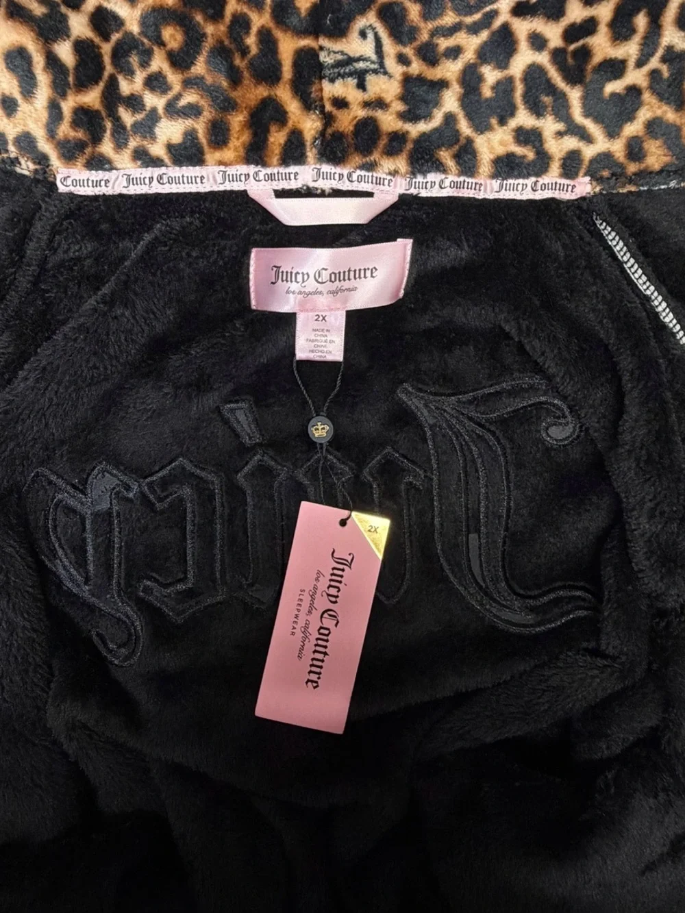 NWT Juicy Couture Plush Robe Black Leopard Print Embroidery Belted Plus Size 2X